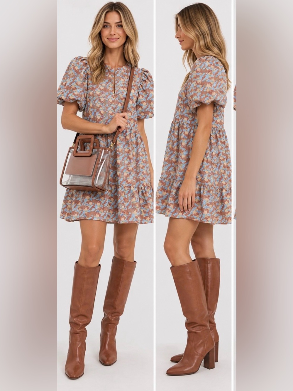 TUCKERNUCK Brown & Light Blue Floral Puff-Sleeve Southern Preppy Resort Dress L